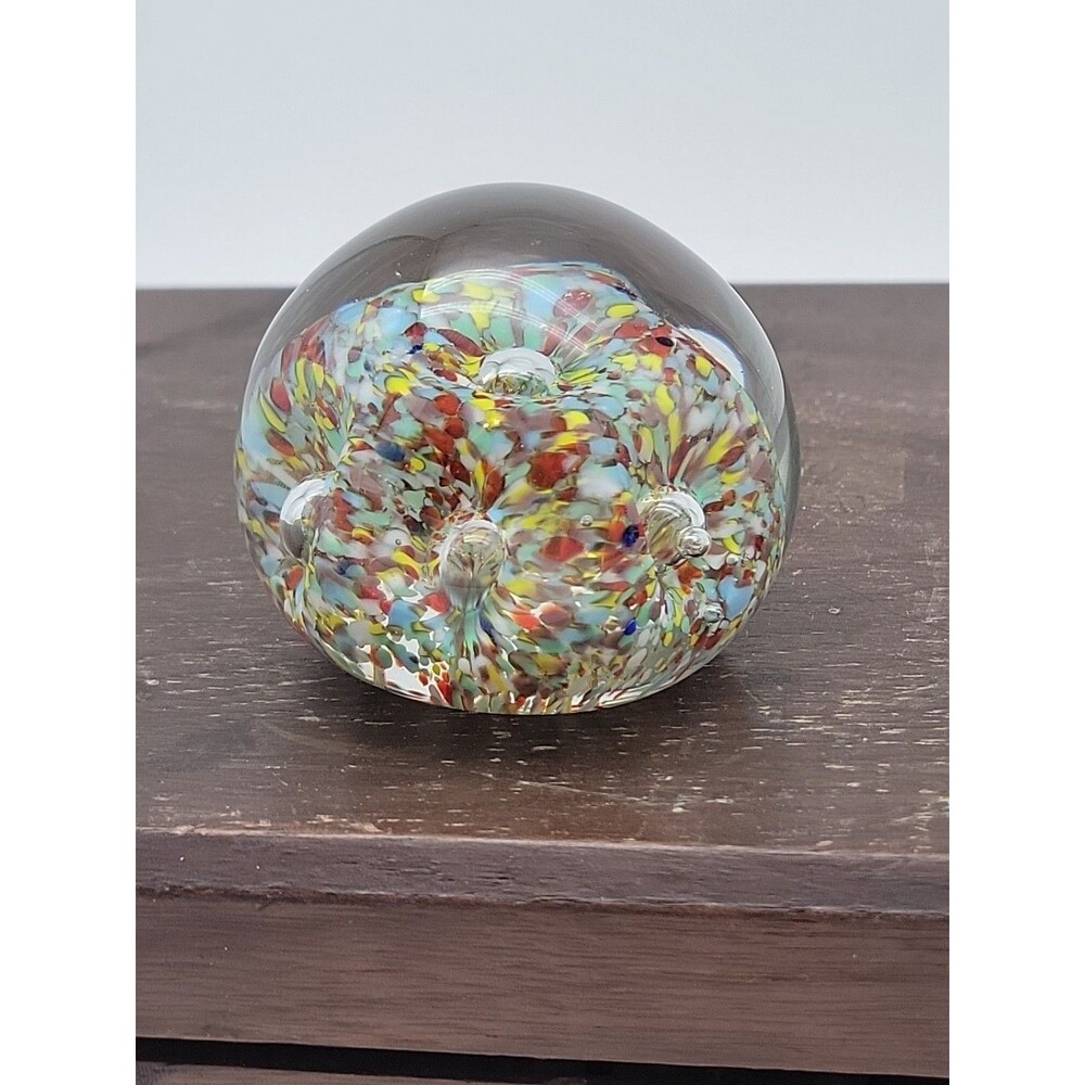 Murano? Art Glass Confetti Paperweight With Controlled Bubbles Blue Yellow Red